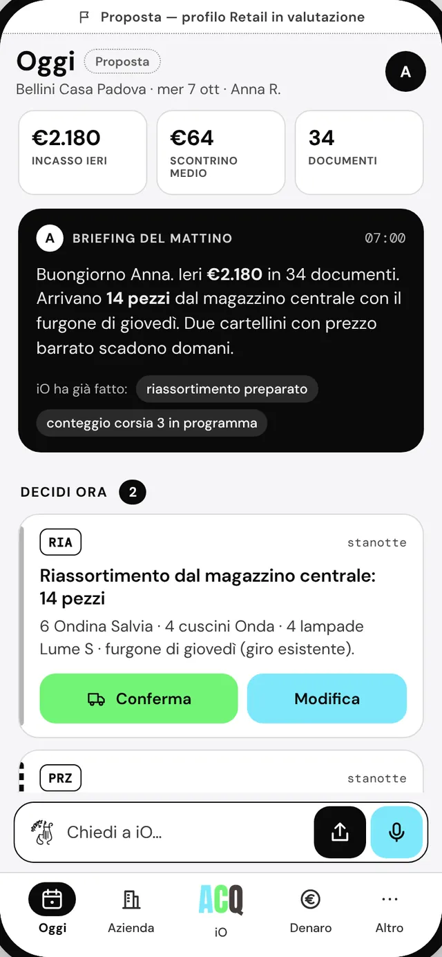 Anna R. · negozio · La cassa del giorno, lo scontrino medio, il riassortimento dal magazzino centrale.