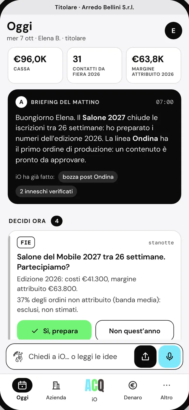 Elena B. · titolare di Arredo Bellini · Cassa, contatti dalla fiera, margine attribuito. E una decisione: il Salone del 2027.