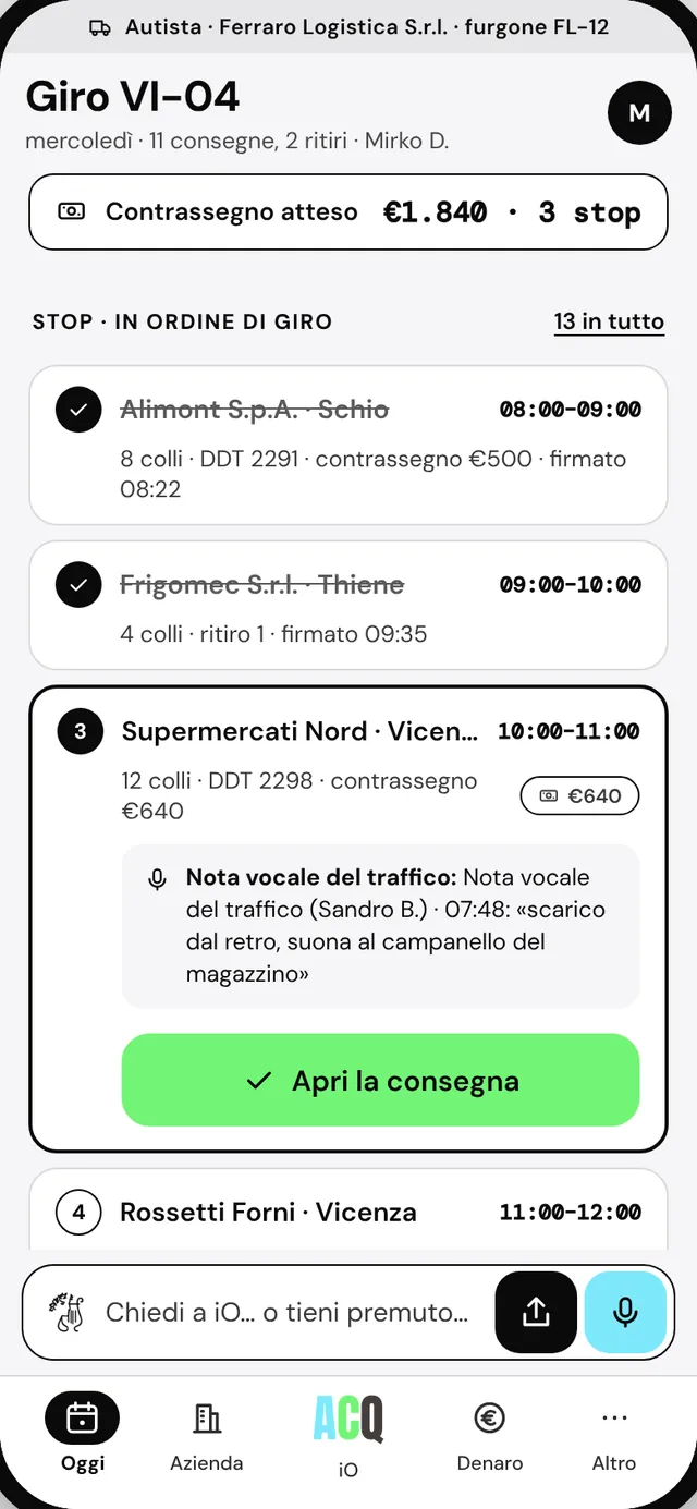 Mirko D. · autista · Il giro VI-04 in ordine di fermata, i contrassegni da incassare, la nota vocale del traffico.