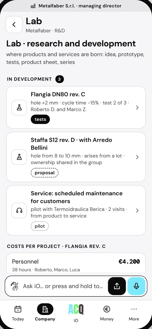 The Lab on Andrea’s phone: three projects in development and the costs per project