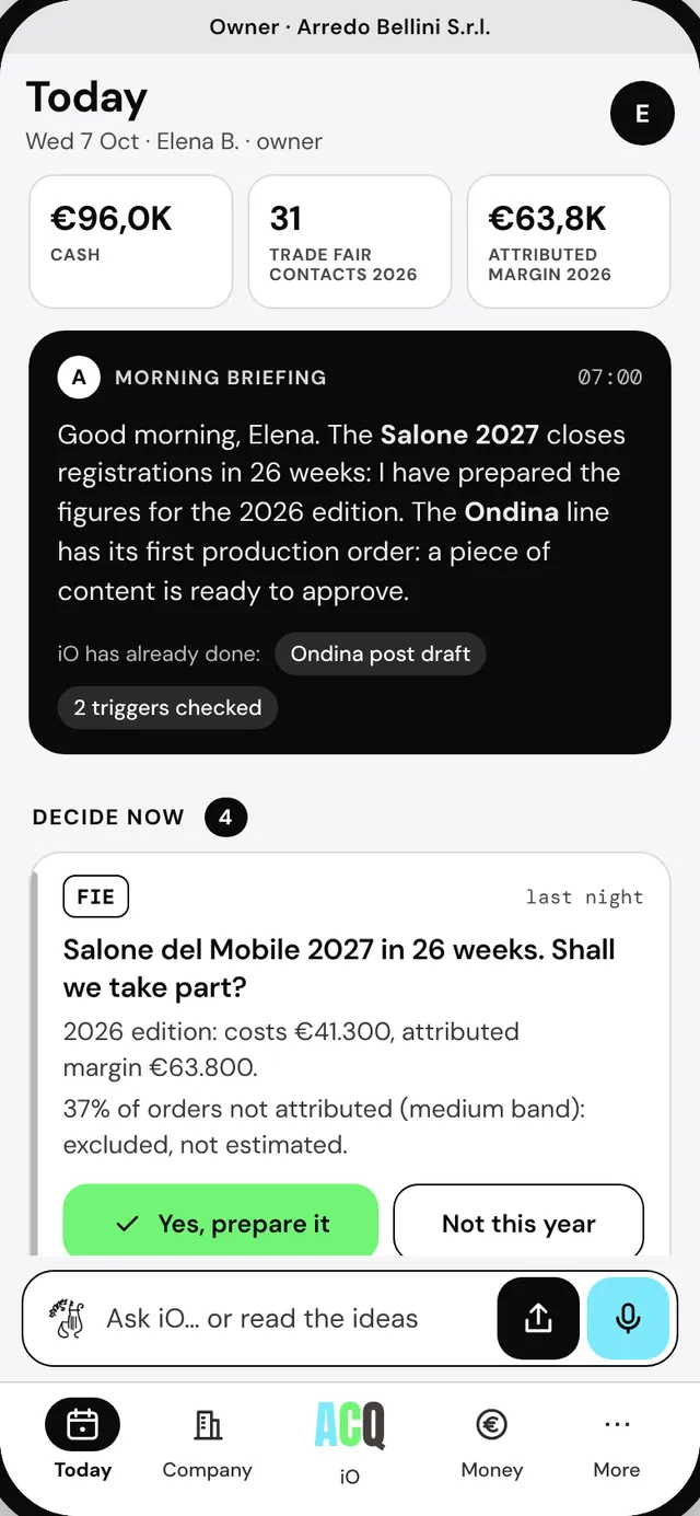 Elena B. · owner of Arredo Bellini · Cash, leads from the trade fair, attributed margin. And one decision: the 2027 Salone.